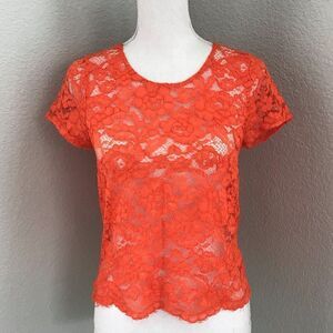 Maison Jules Women Size 8 Orange Floral Mesh Sheer Short Sleeve Blouse